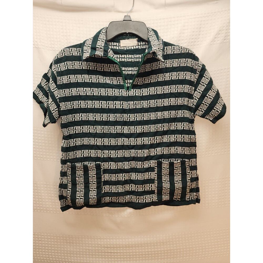 Vintage Minerva Blouse Med Green Short Sleeve Henley Pockets Made In Greece